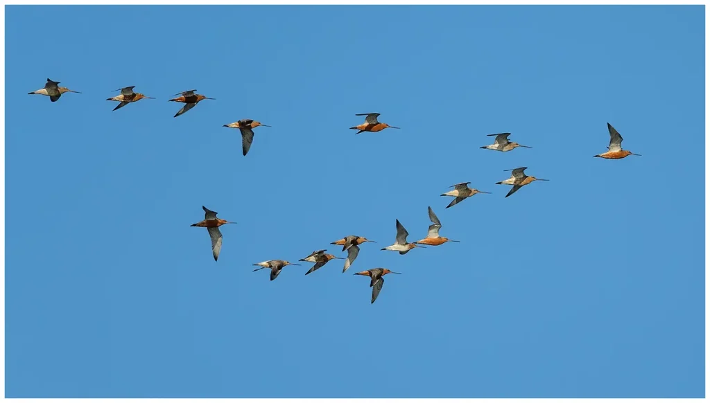 Myrspov - Bar-tailed Godwit 16 stycken som flyger åt höger med blå himmel